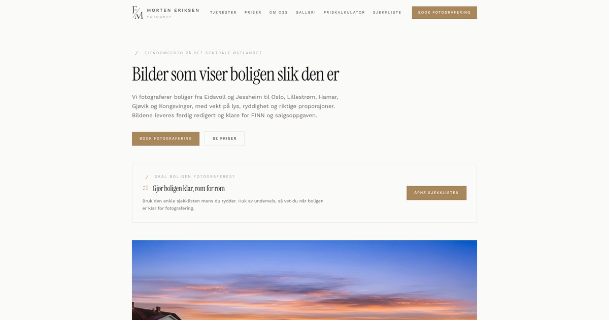 Forsiden til fotomorten.com med tittelen «Bilder som viser boligen slik den er»
